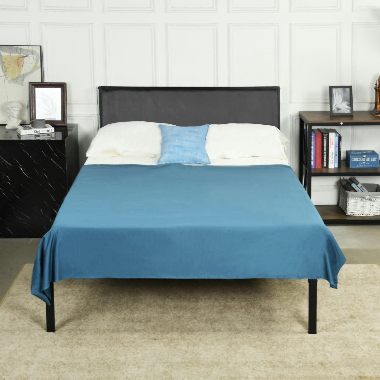 - Cadre de lit double métallique tête de lit gris 200*140