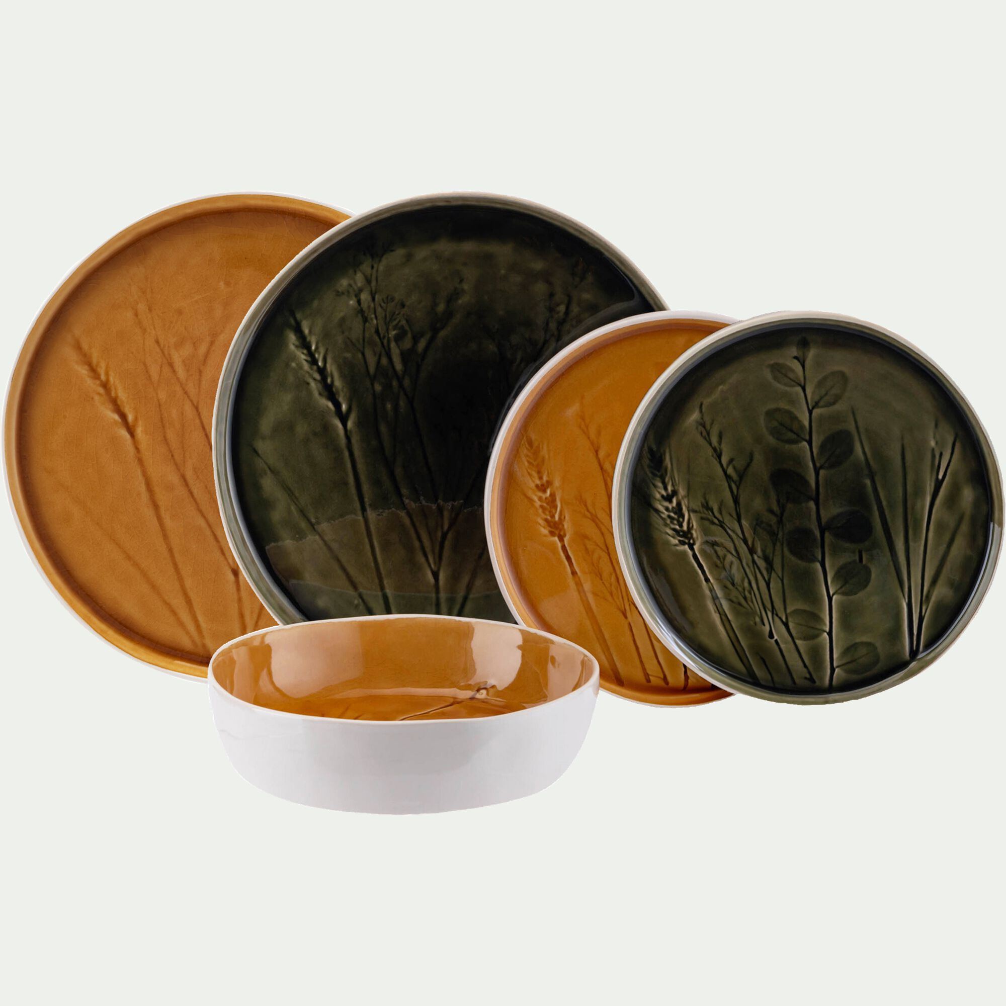 FLEOLE - Assiette plate impressions végétales en grès D26cm - vert avocado