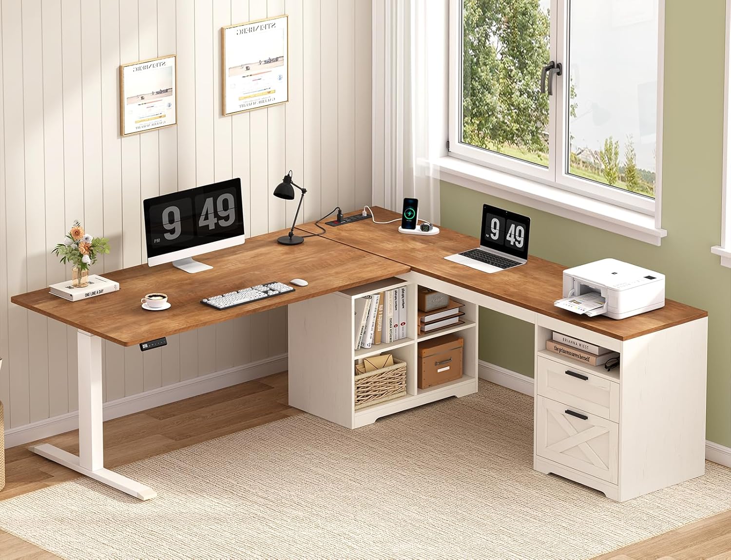 Farmhouse L Shaped Standing Desk, 66 inch Corner Electric Standing Desk with Drawers ＆ Storage Shelves, Height Adjustable Computer Desk with Power Outlets for Home Office, Antique White