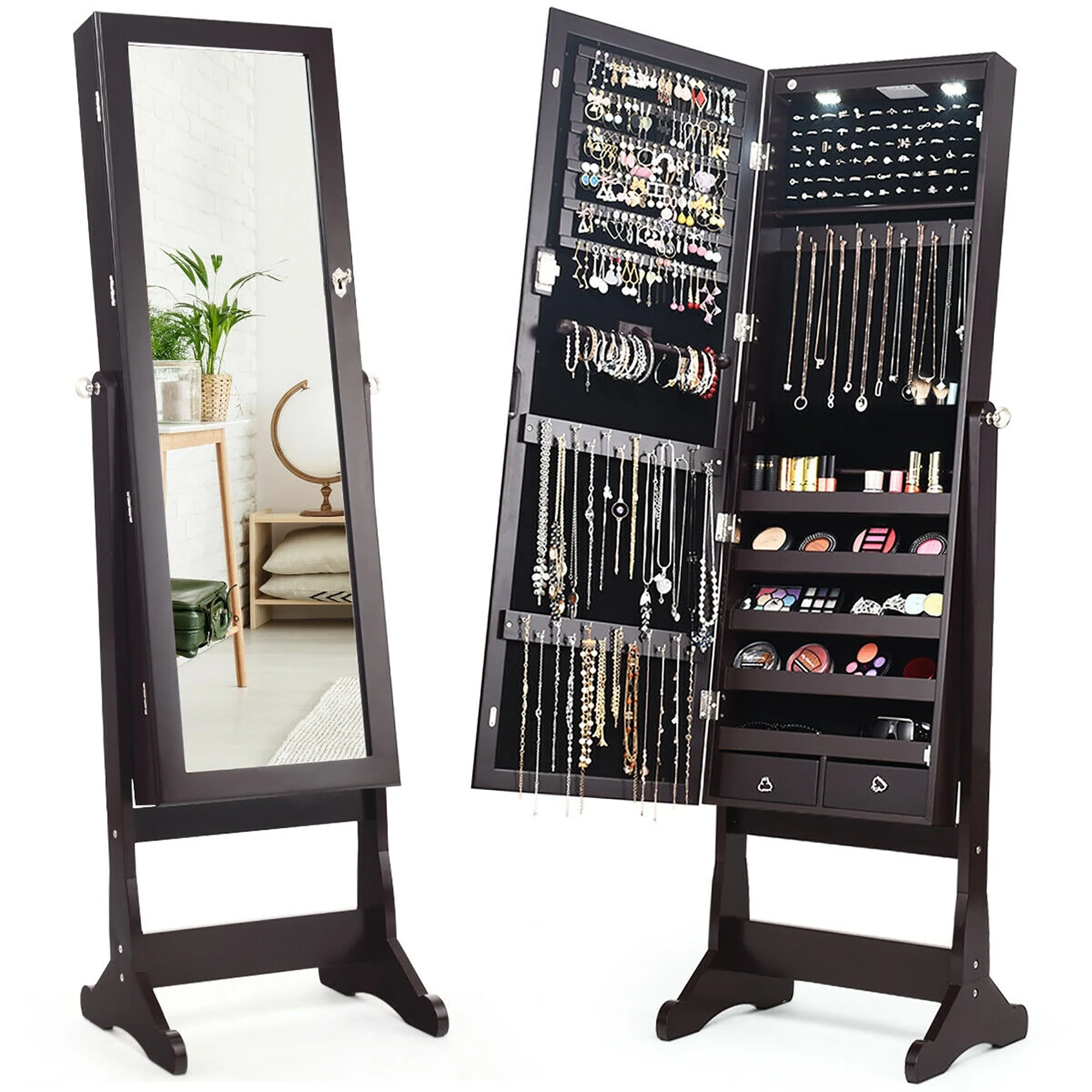 Mirrored Jewelry Cabinet Lockable Storage Box with LED lights