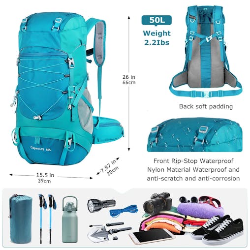 NNEOBA 50L Hiking Backpack with Rain Cover Waterproof Rucksack Blue