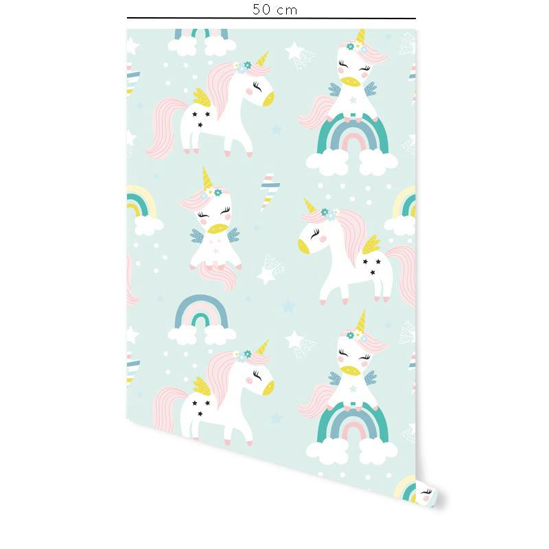 UNICORNS - Papier peint vinyle adhésif licornes verte menthe 50x300 cm