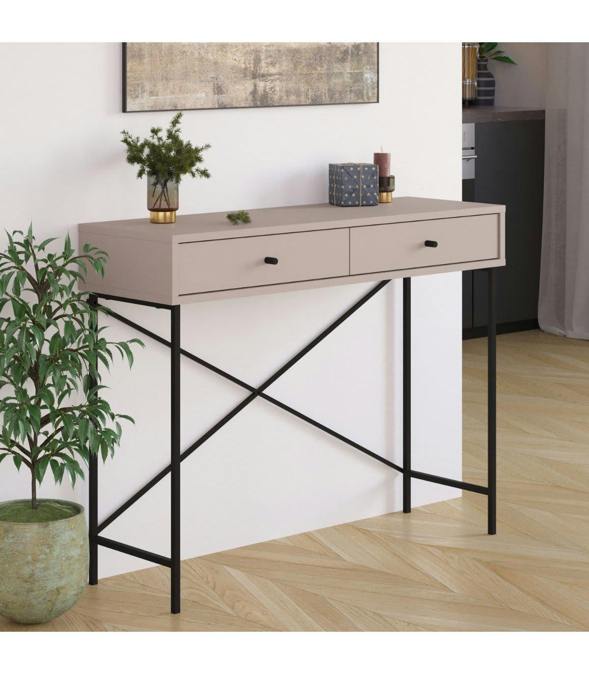 TITAN - Console 2 tiroirs couleur moka et pieds en métal - L110 cm