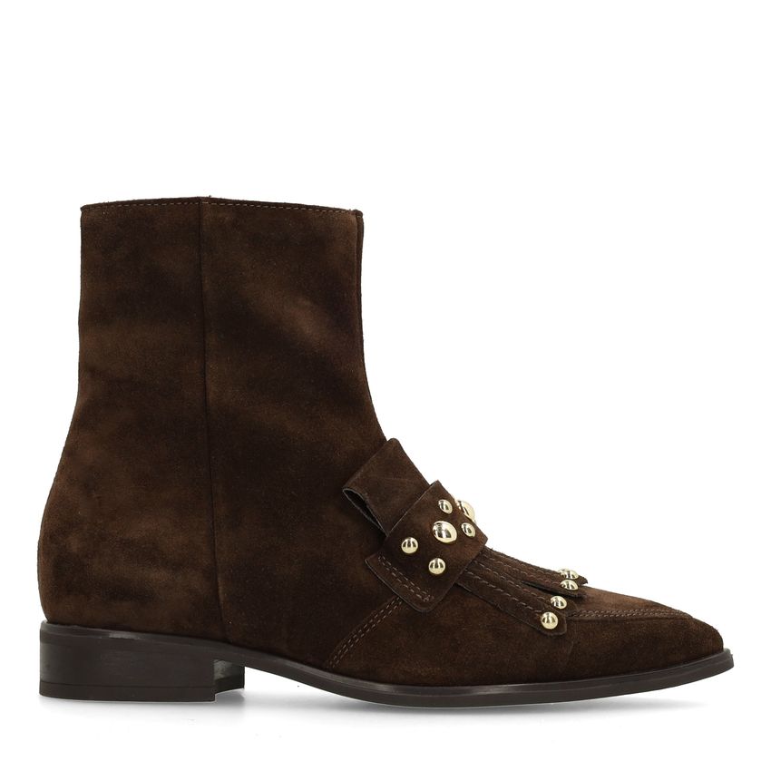 Manfield Donkerbruine suède enkellaarsjes met studs