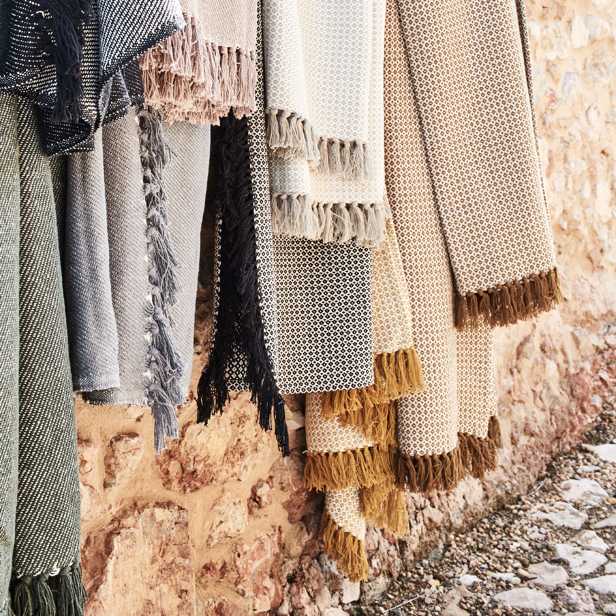 PARA - Plaid à franges et motifs en coton - beige 130x170cm