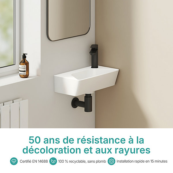 EMKE Lavabo Mural en Céramique 40x22.5x13cm, Blanc Brillant, Vasque Murale Carrée avec Trou pour Robinet