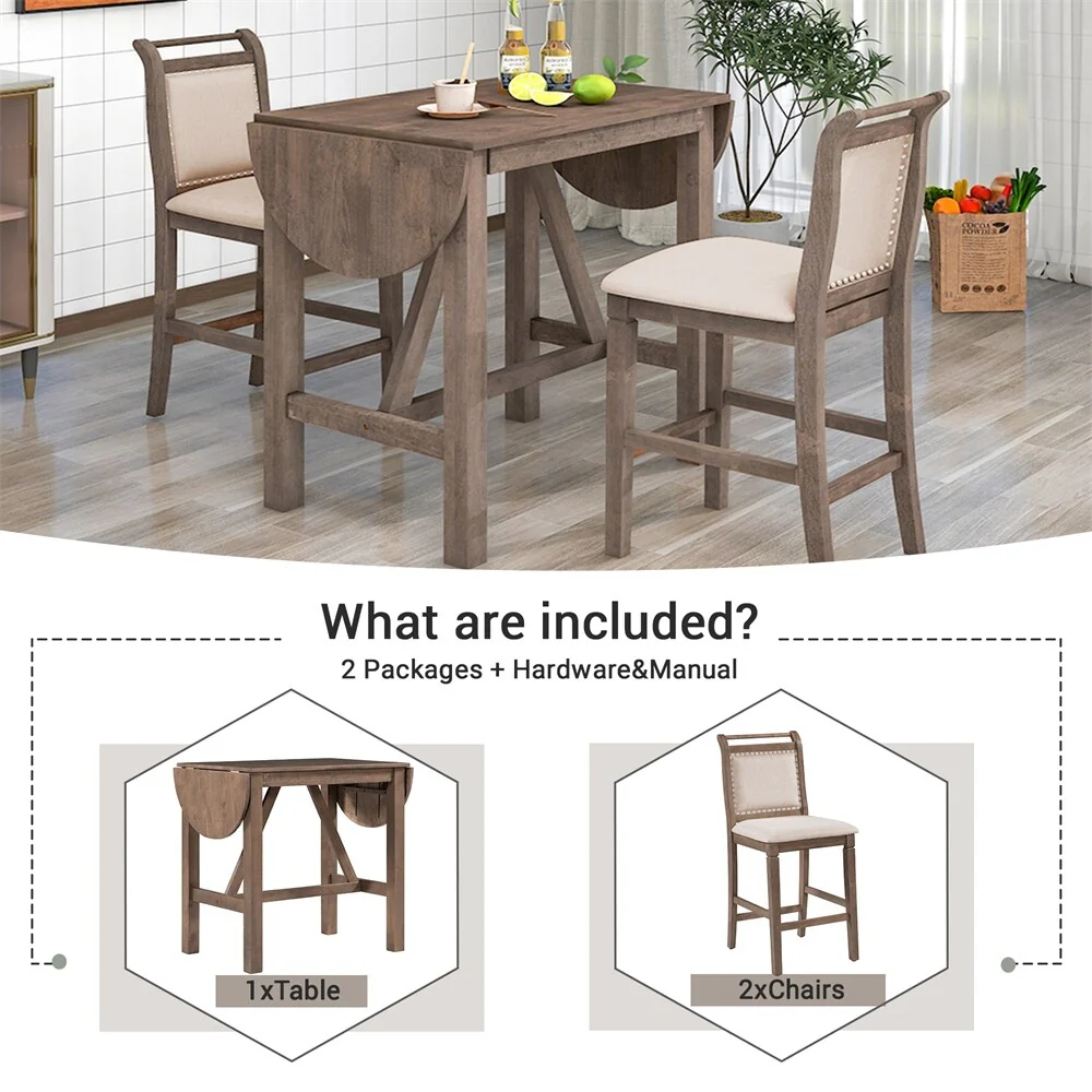 3 PCS Wood Counter Height Drop Leaf Dining Table Set w/2 Dining Chairs