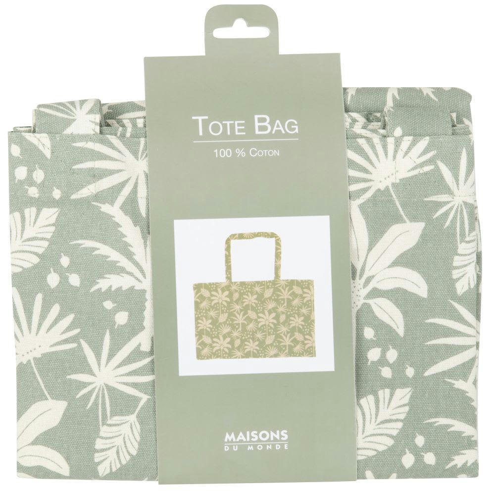 ASWAN - Tote bag en coton imprimé feuillage vert et blanc