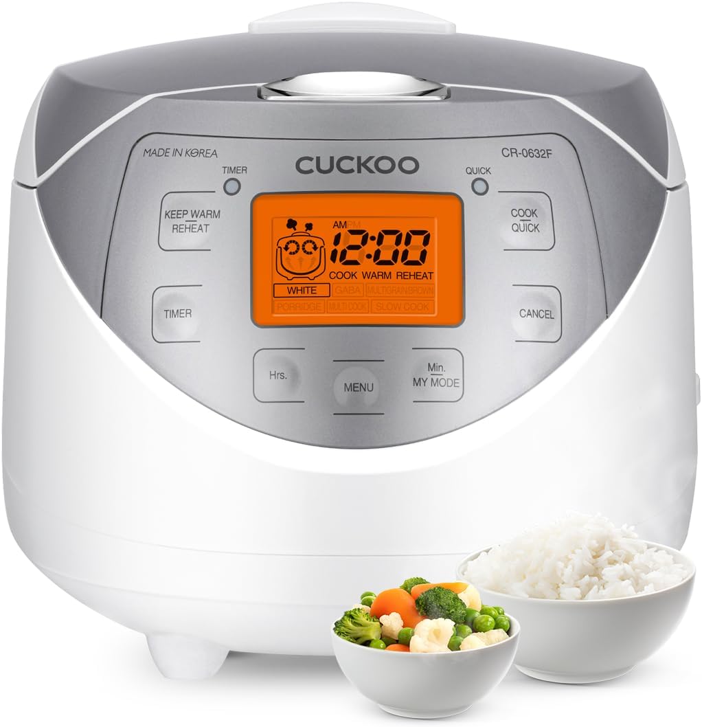 CUCKOO Micom Rice Cooker 6 Cup Uncooked / 12 Cup Cooked, Korean Fuzzy Logic Rice Cooker with Delay Timer & Keep Warm Setting, Versatile Food Steamer with Non-Stick Inner Pot, Silver (CR-0632F)