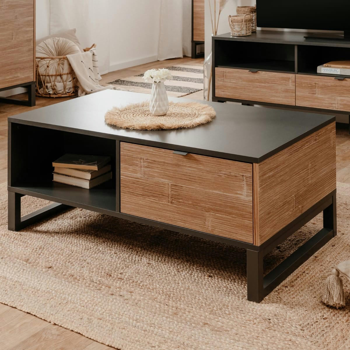 PALMA - Table basse 1 tiroir anthracite et effet chêne 108 cm