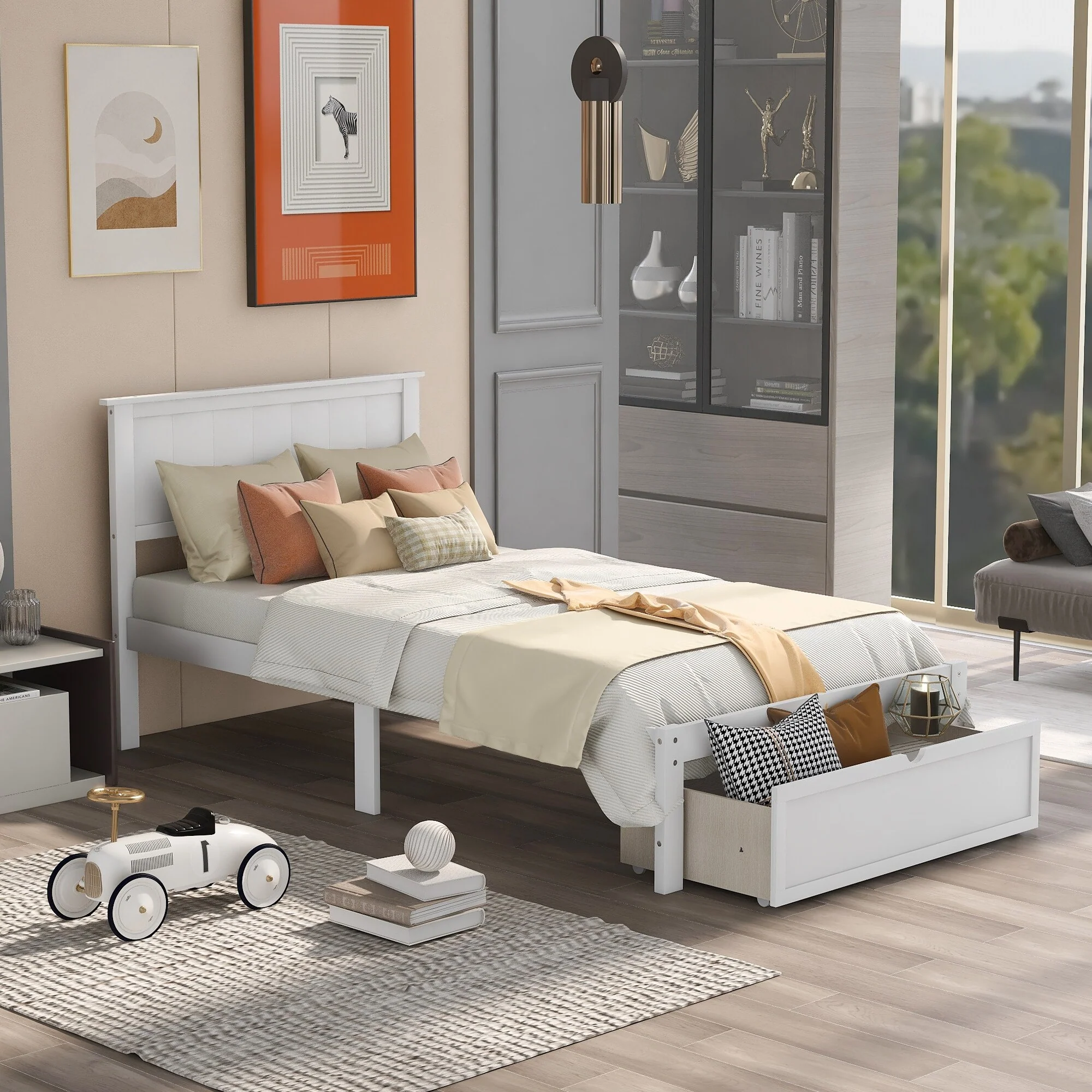 Modern Twin Platform Bed with Spacious Under-bed Drawer and Storage, Gray