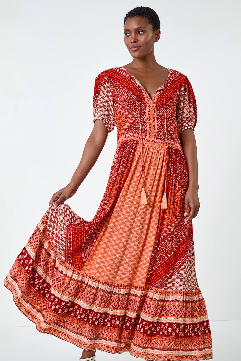 Roman Stripe Border Print Crinkle Maxi Dress