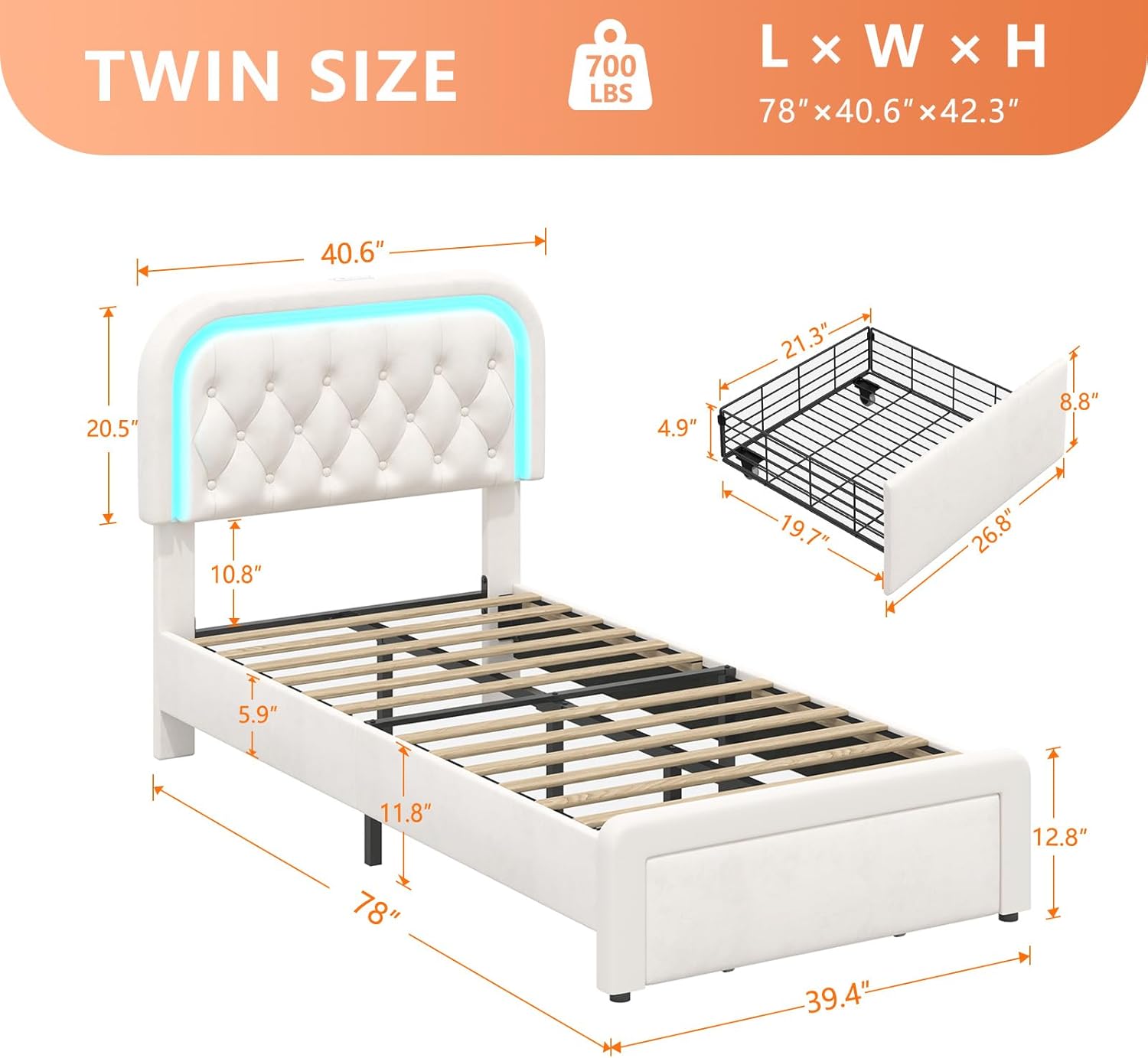 Twin Upholstered LED Bed Frame with Large Storage Drawer & Charging Station, Velvet Platform Bed with Stylish Rectangular Rounded Corner Headboard, Wooden Slats Support, No Box Spring Needed, Beige