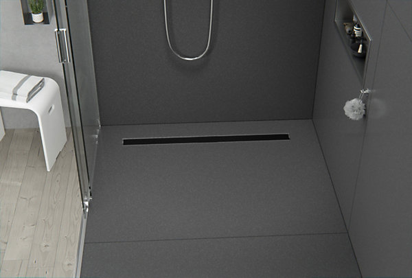 Caniveau de douche à l'italienne Acier inox avec Siphon, Drain de cabine Filtre anti-odeurs - FlexGL01-3 - Verre noir - 100cm