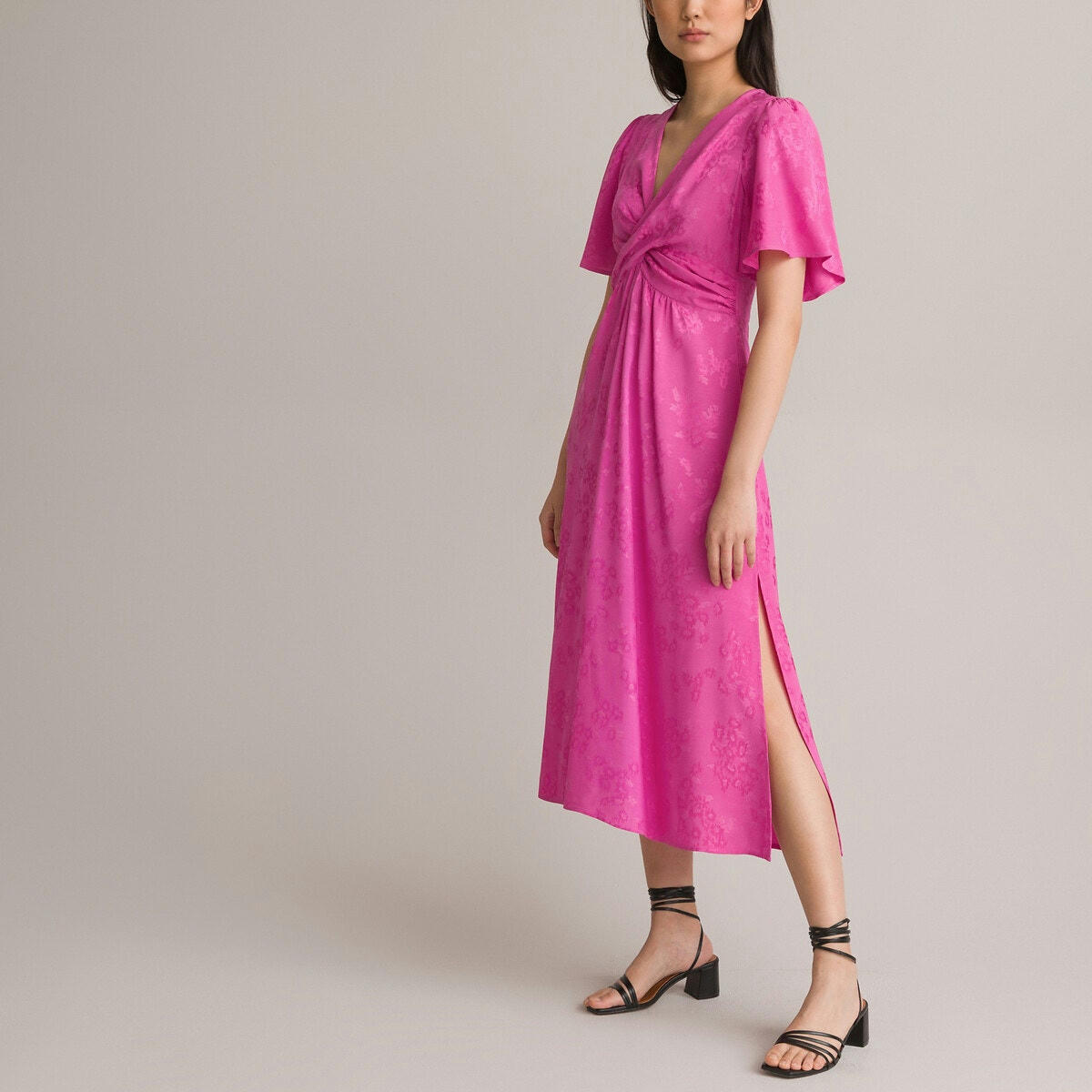 Robe longue coupe croisée, en tissu jacquard