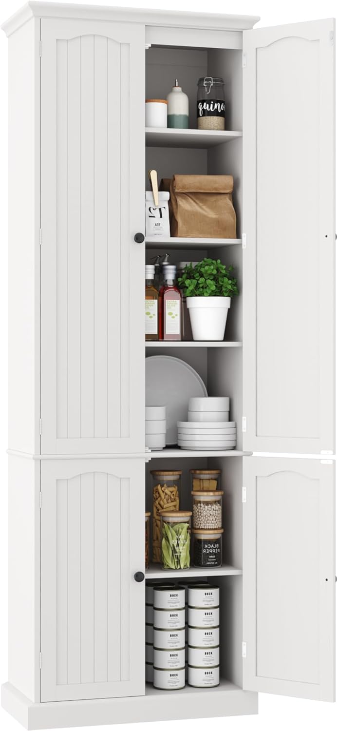 Function Home 72 Kitchen Pantry Cabinet, Tall Wood Storage Cabinet with Doors and Adjustable Shelves, 6-Tier Freestanding Cupboard for Kitchen Dining Room Living Room Bathroom, White