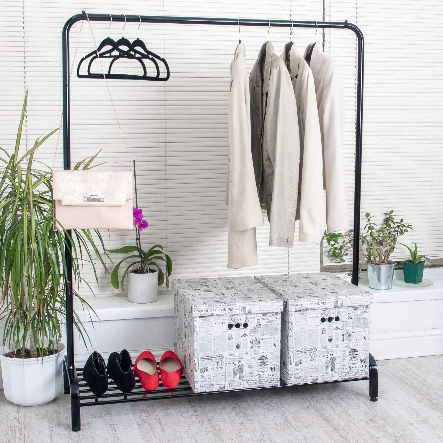 Home Treats Clothes Rail With Shoe Rack/Storage Shelf, Metal With Smooth Black Finish