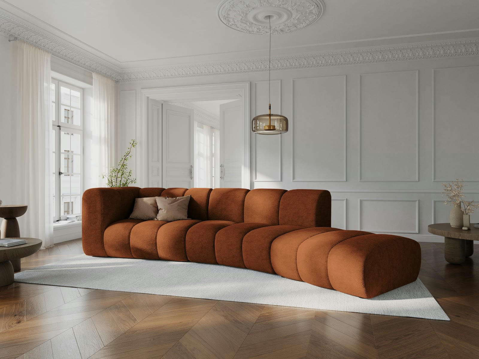 LUPINE - Canapé droit 5 places en tissu chenille cuivre