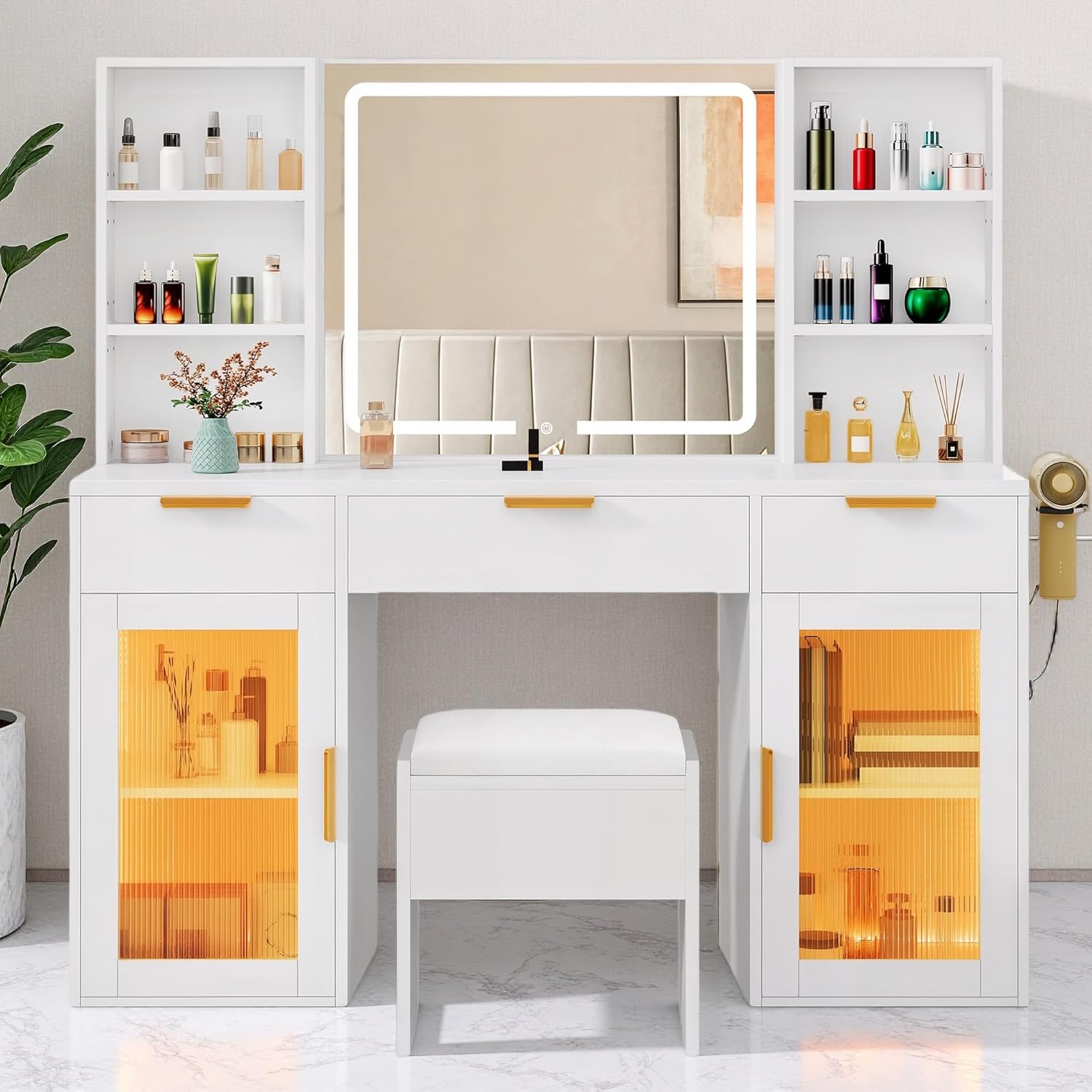 DWVO 56.3 Makeup Vanity with LED Lighted Mirror, Large Vanity Desk with RGB Glass Cabinets, Open Shelving, Built-in Power Strip & Cushioned Stool