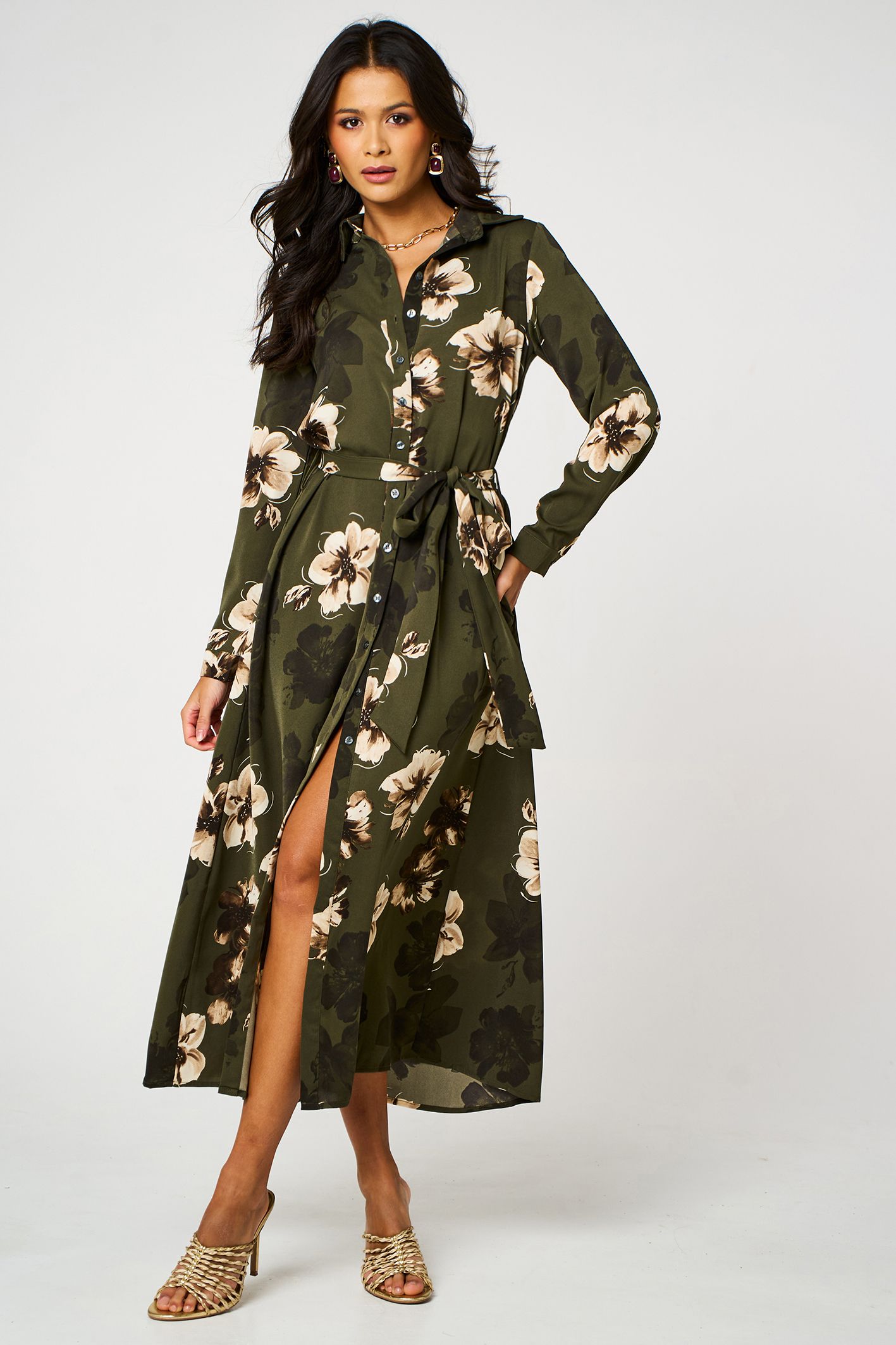 FS Collection Large Floral Long Sleeve Belted Shirt Dress In Olive Green