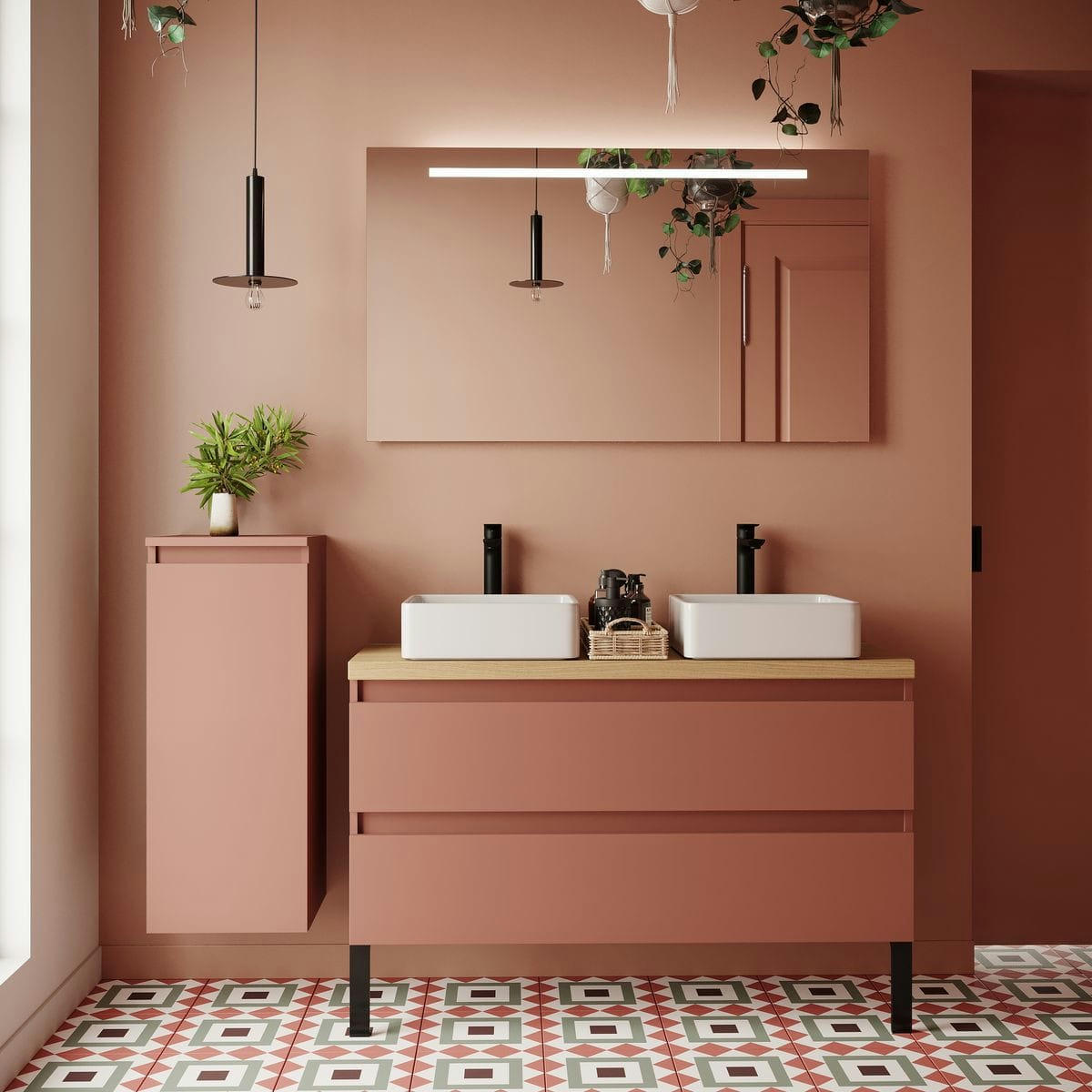 HUDSON - Meuble salle de bain 2 vasques posées 120cm 2 tiroirs Abricot