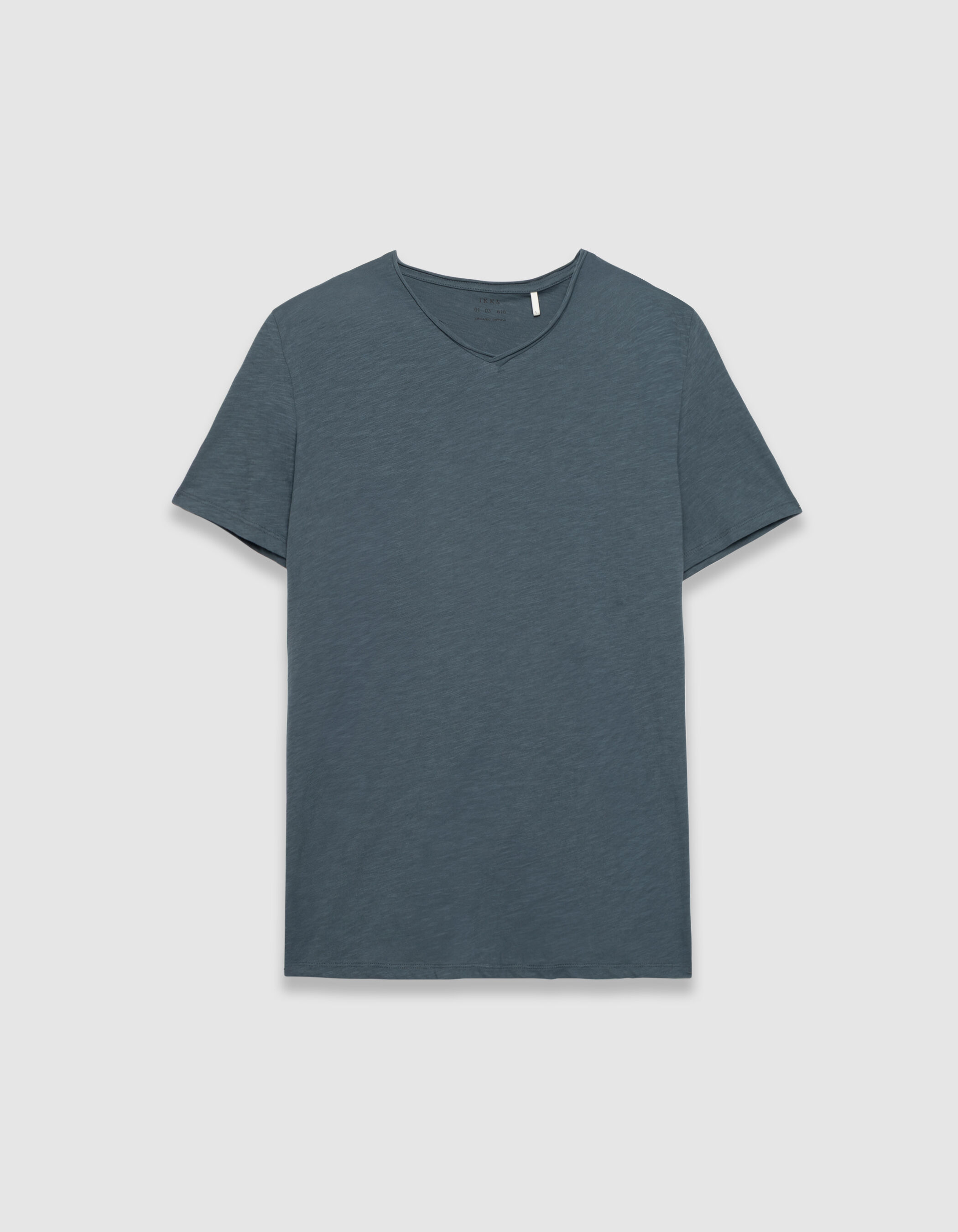 T-shirt encolure V bleu grisé coton bio flammé Homme