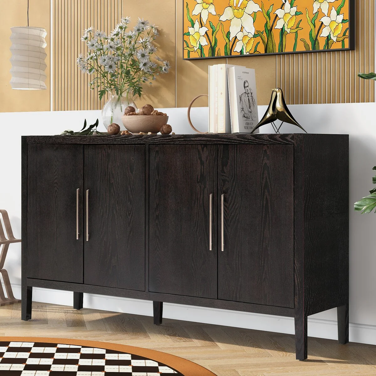60 Modern 4-Door Sideboard with Solid Wood Legs