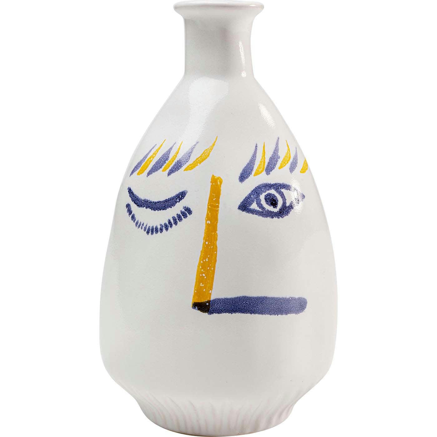 ART FACE - Vase visage en grès blanc, bleu et jaune H23
