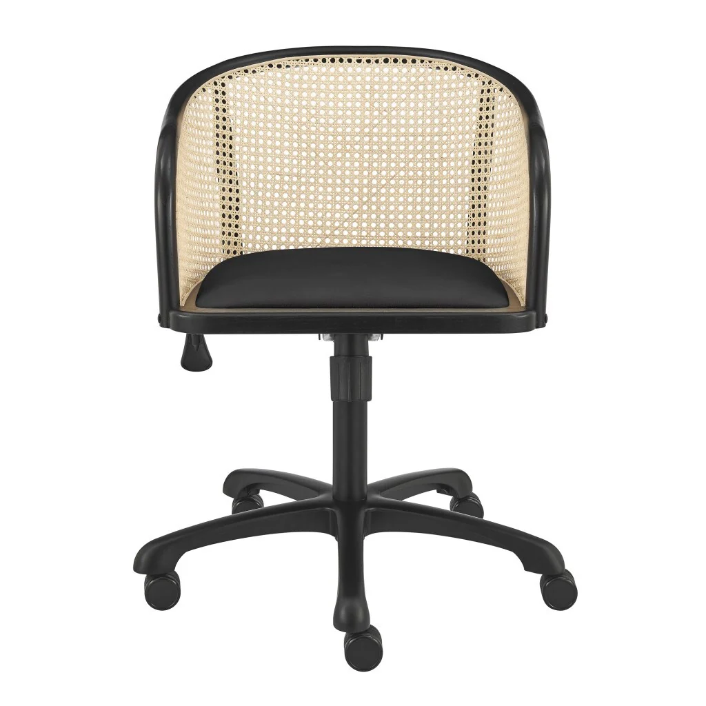 Beige and Black Solid Wood Steel And Cane Rattan Adjustable Swivel Rolling Office Chair - 22.5' X '33.5' X '26.5