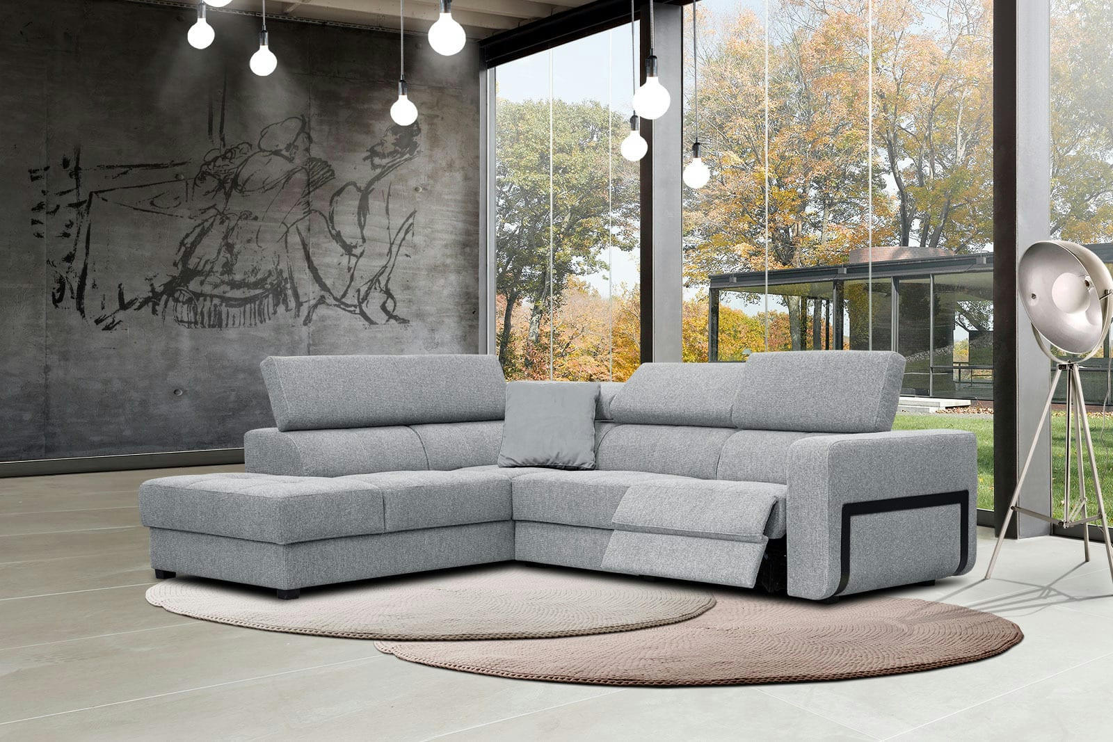 BERGO - Canapé d'angle gauche 5 places avec relax électrique tissu gris clair