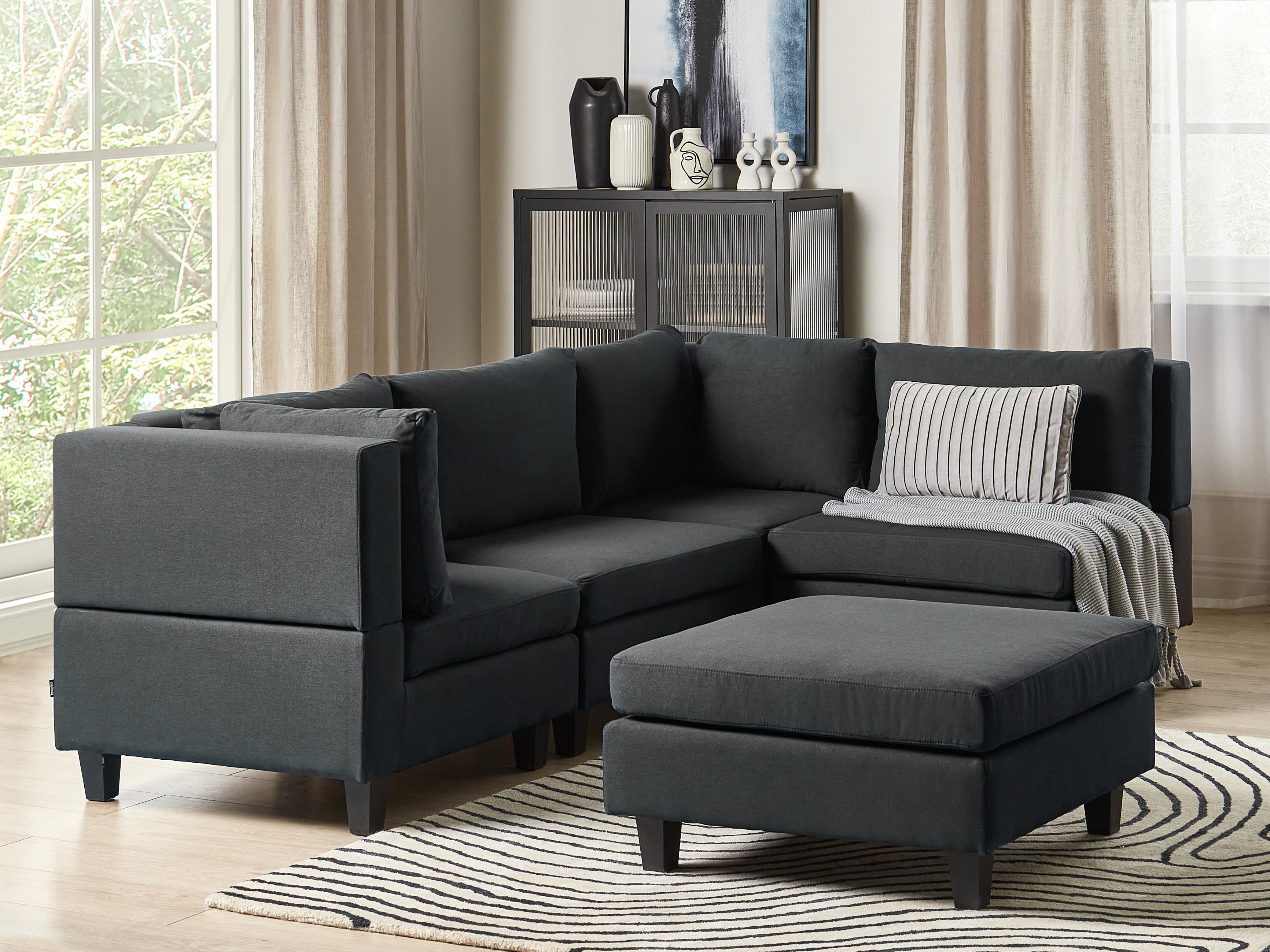 Modular Corner Sofa 4 Seater UNSTAD Fabric Black with Ottoman Left Hand