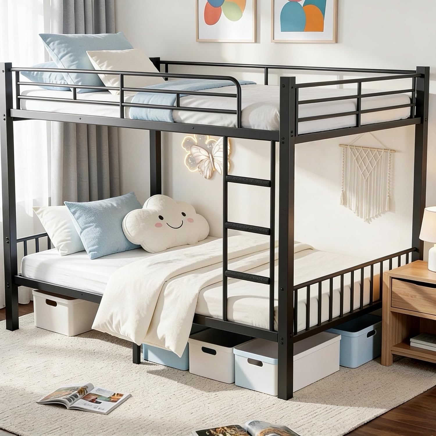 Queen Over Queen Bunk Bed for Adults & Teens, Heavy Duty Metal Bunk Bed with EVA Anti-Slip Ladder & Full-Length Guardrails, Noise-Free Queen Bunk Bed Frame with Under-Bed Storage, Black