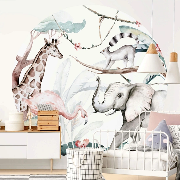 Vliestapete »Runde Vliestapete«, Kvilis Tiere Giraffe Elefant, mehrfarbig, matt