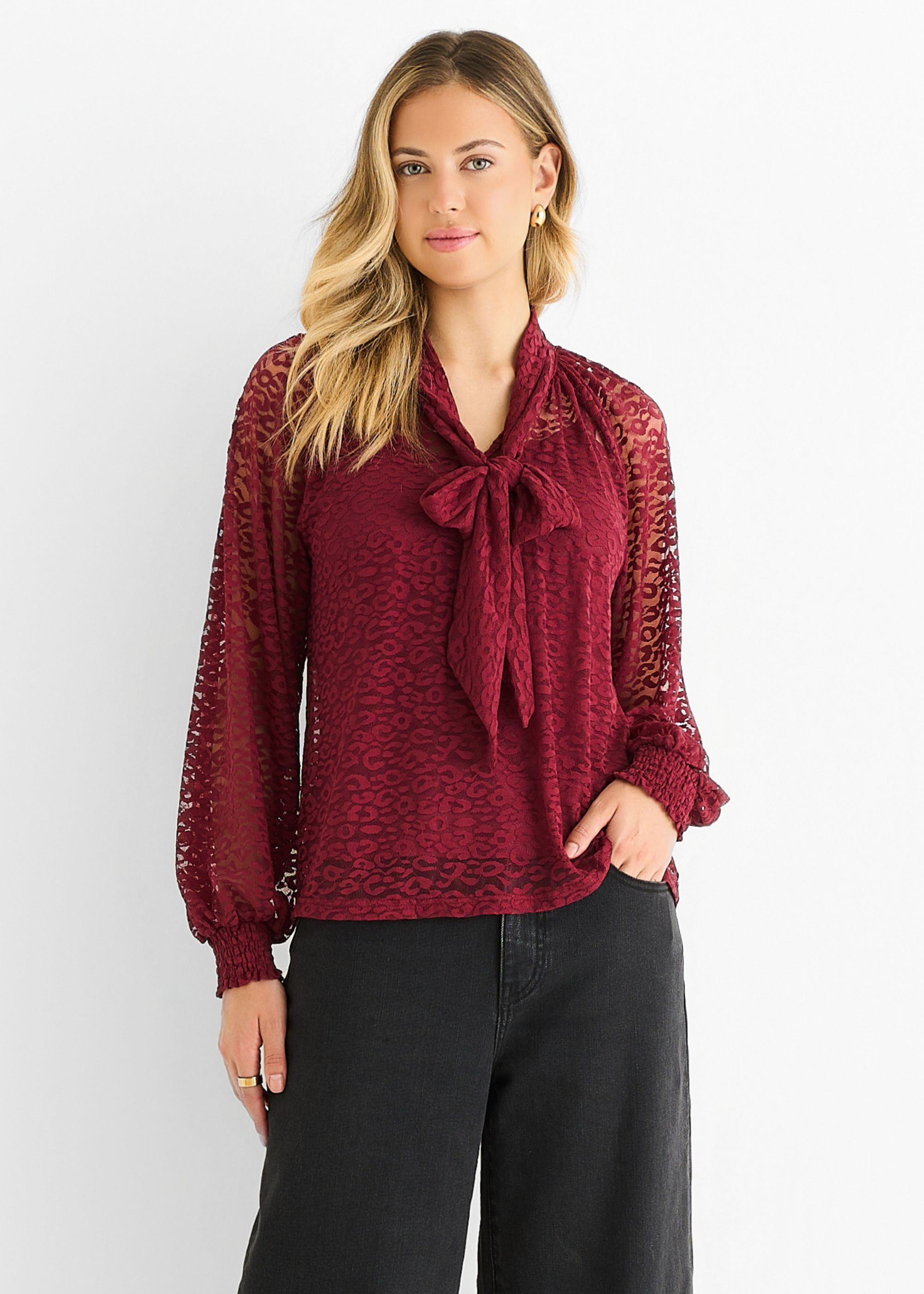 Gini London Burgundy Animal Lace Neck Tie Detail Blouse