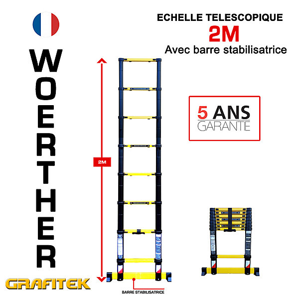 Echelle télescopique 2m Woerther avec barre stabilisatrice