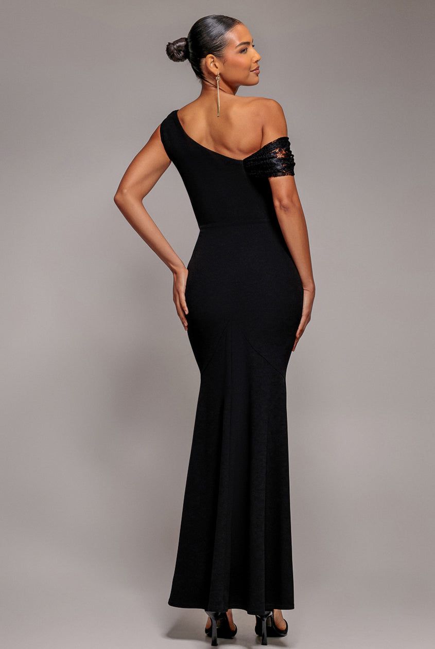 Goddiva Lace Cowl One Shoulder Scuba Crepe Maxi Dress