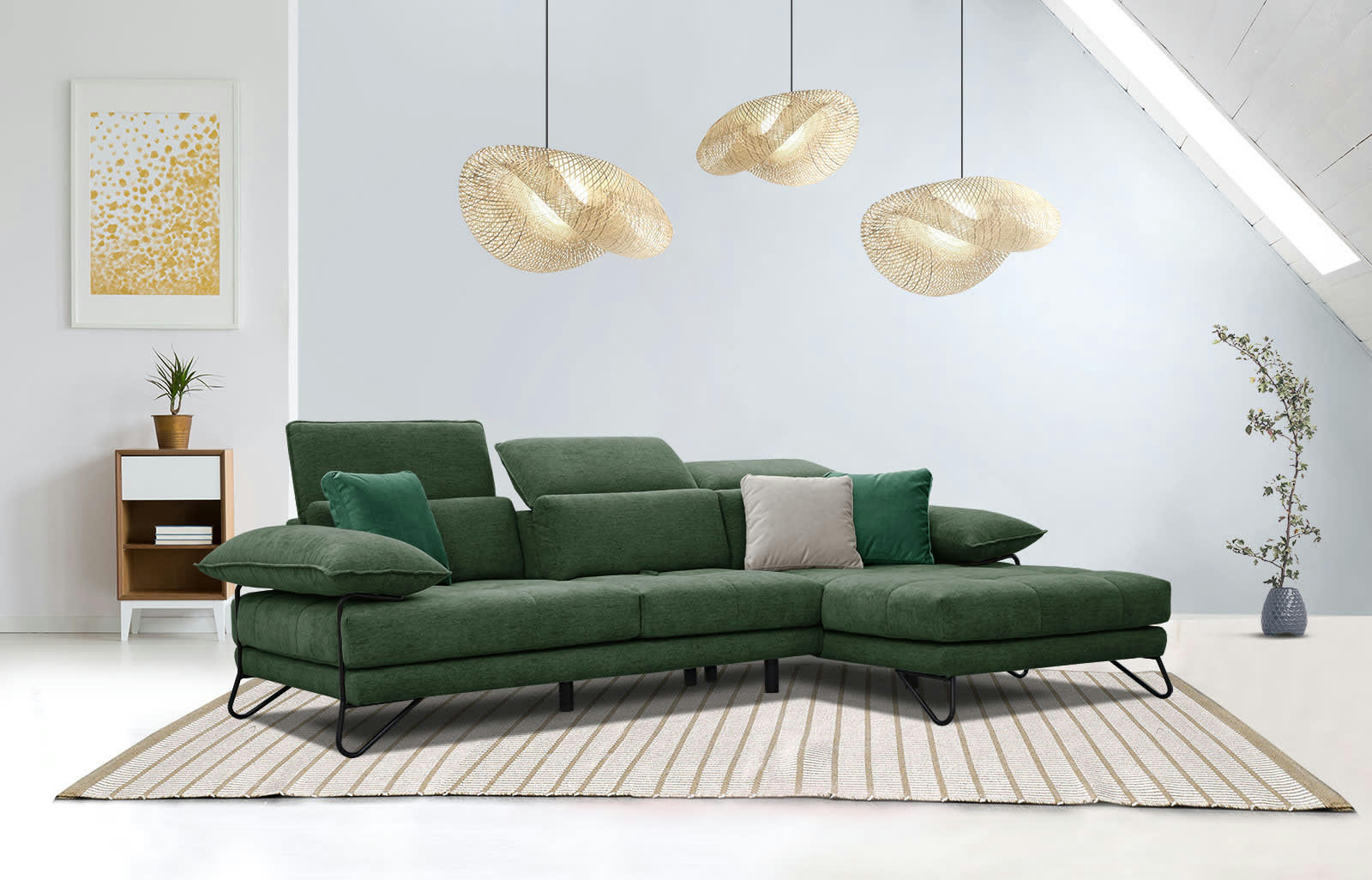 NORDEN - Canapé d'angle droit 4 places en tissu vert foncé avec coussins déco