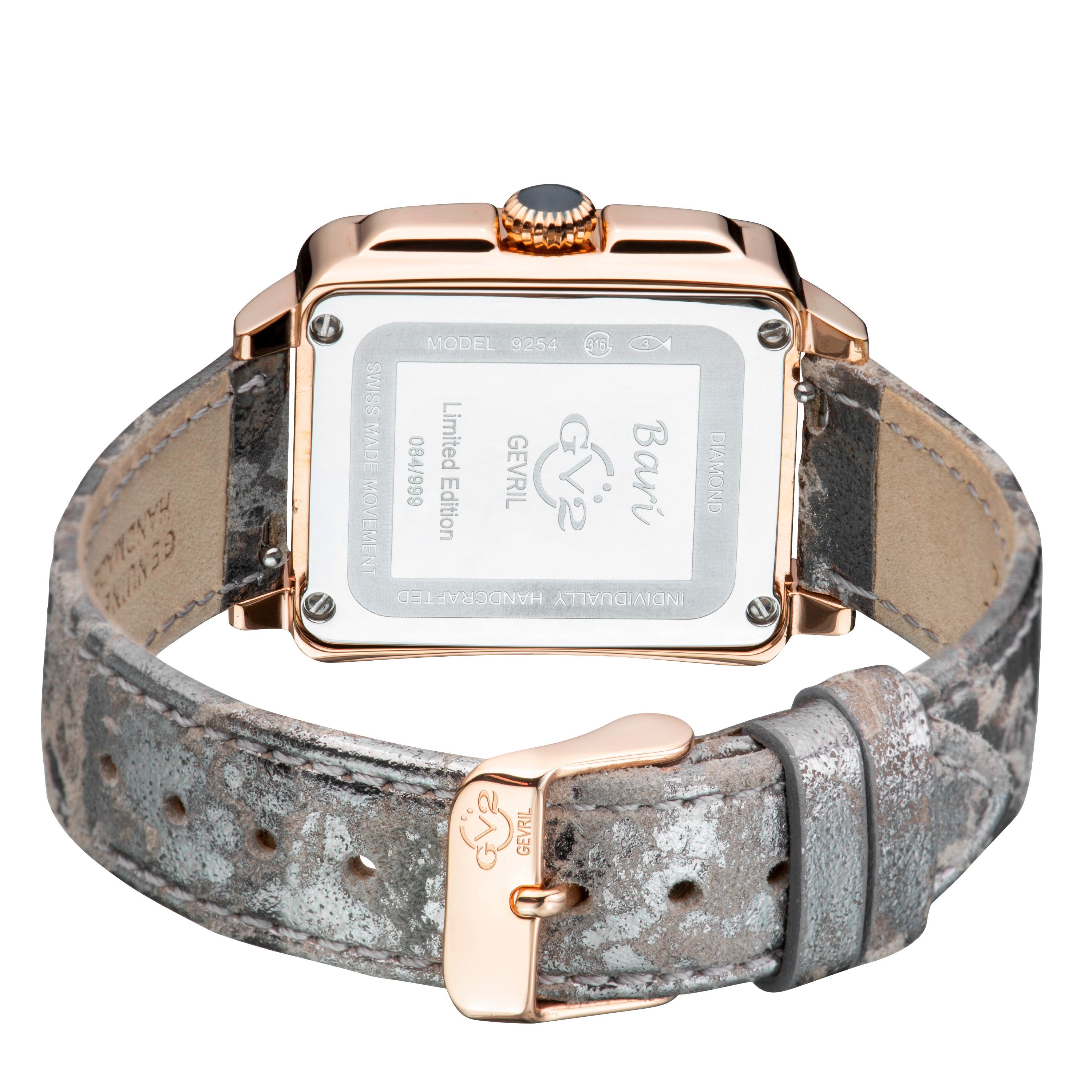 GV2 Bari Diamond Mother of Pearl Dial IP RG Case Leather Strap Swiss Quartz Watch