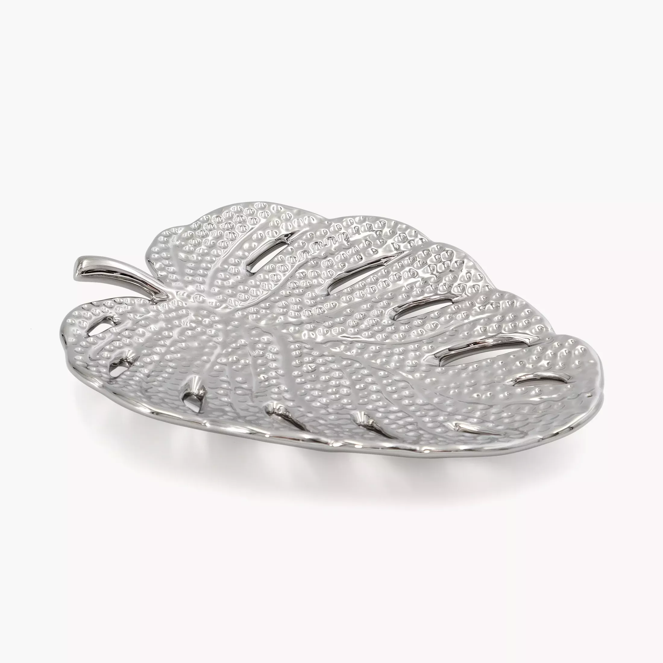 Patera dekoracyjna srebrna w kształcie liścia monstery 20x15x3 cm KARLO