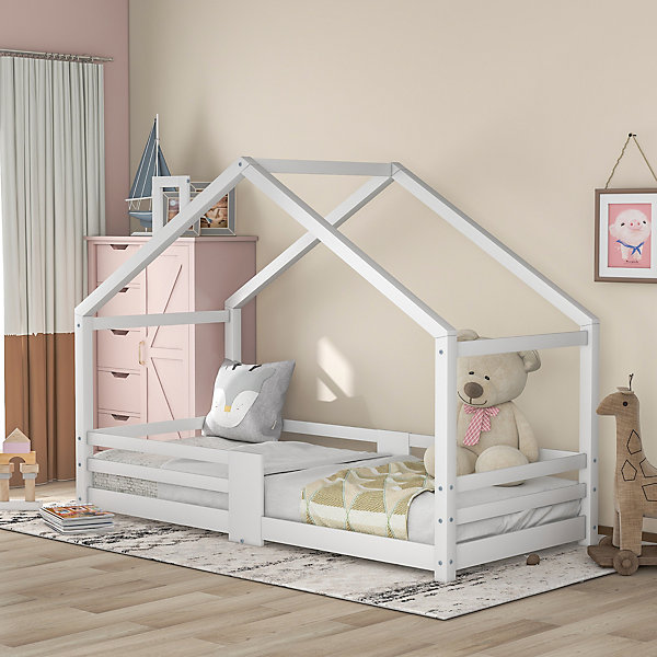 Lit 90x200 cm en bois massif blanc, forme maison avec cheminée, barrières anti-chute 4 côtés et lattes rigides