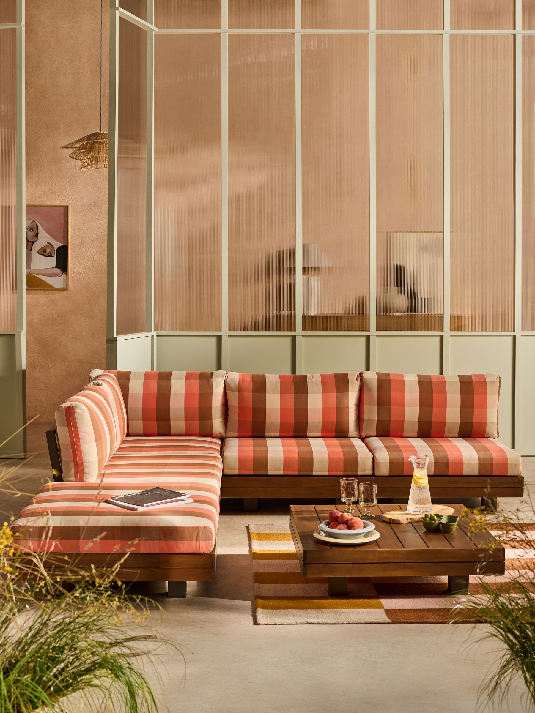 Avarna Garden Wood Corner Lounge Set in Orange and Brown Check