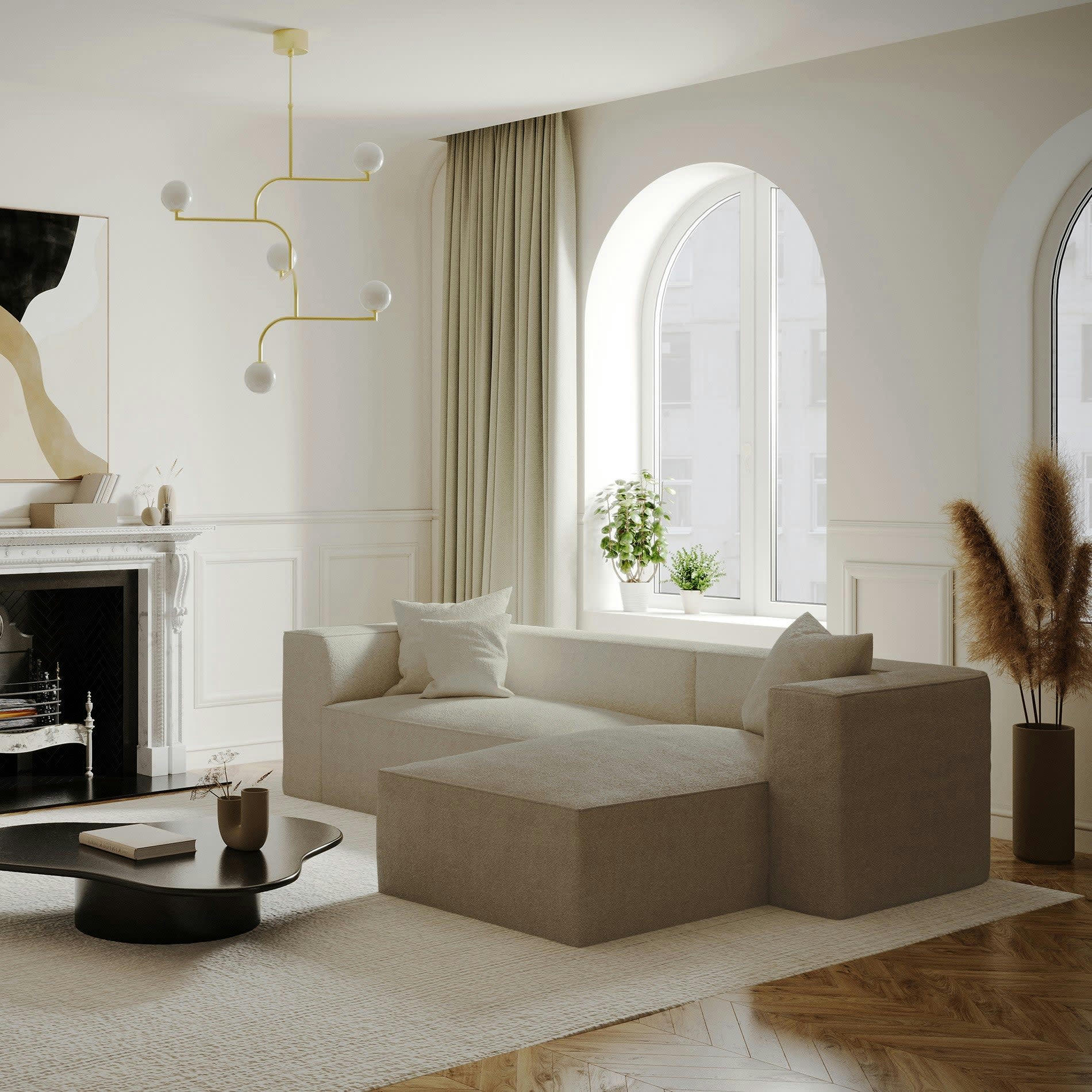 ALMA - Canapé d'angle droit tissu bouclette taupe