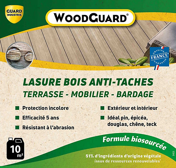 Imperméabilisant Bois Anti Tache WoodGuard Formule Végétale Protège 5 AnsTous Bois Même Bois Composite 1L 10m2