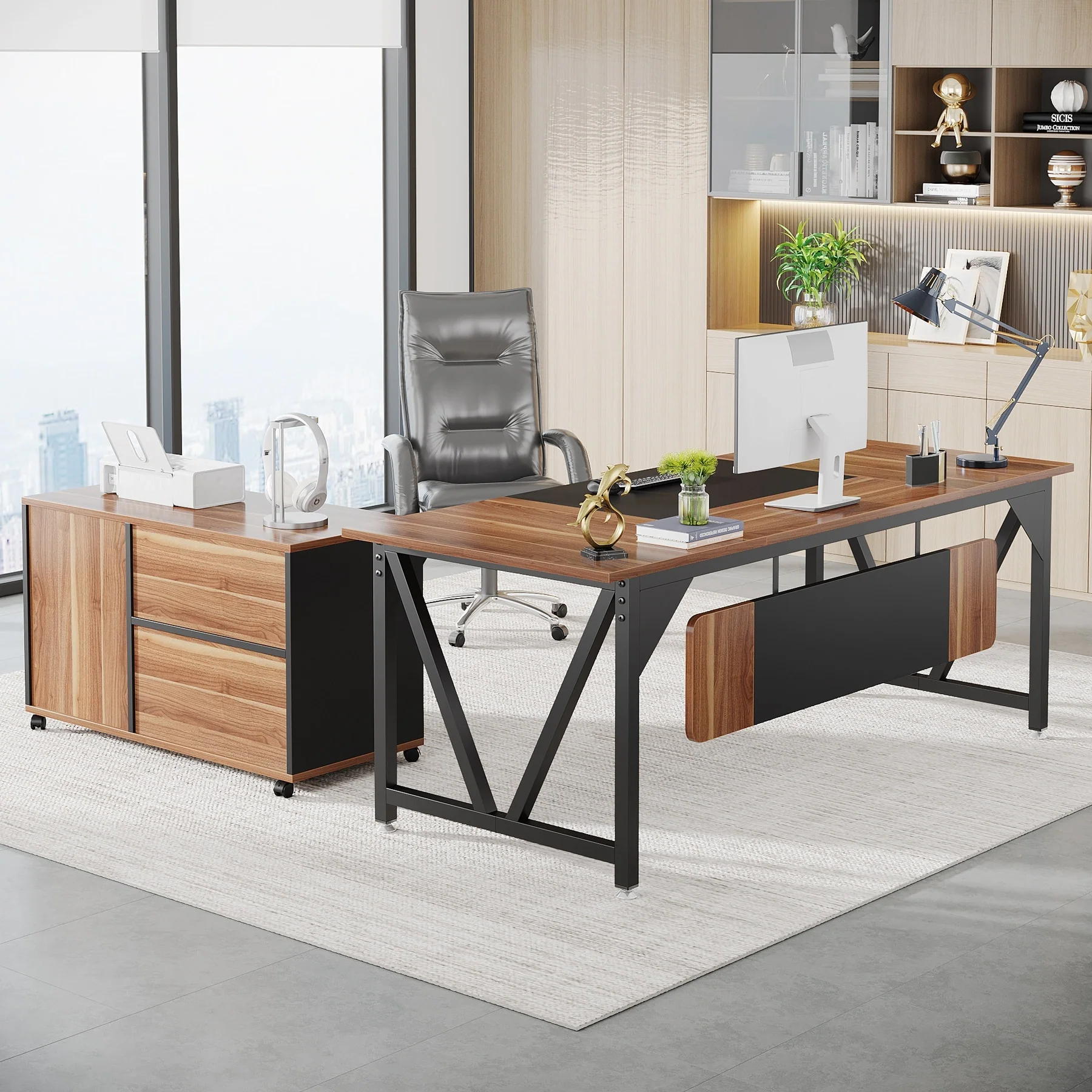 70.8 Inch L Executive Desk with 35.4 Inch File Cabinet Combo