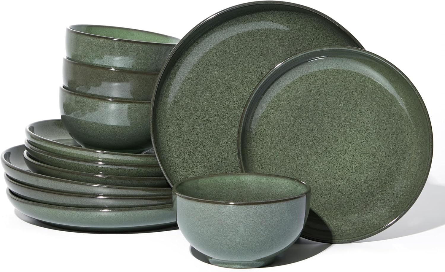 Pokini Stoneware Dinnerware Sets, Ceramic Plates and Bowls Set, Microwave & Dishwasher Safe Kitchen Dishes, Modern Dinner Salad Plates | Cereal Bowls, Dishware Sets Service for 4 Forest Green