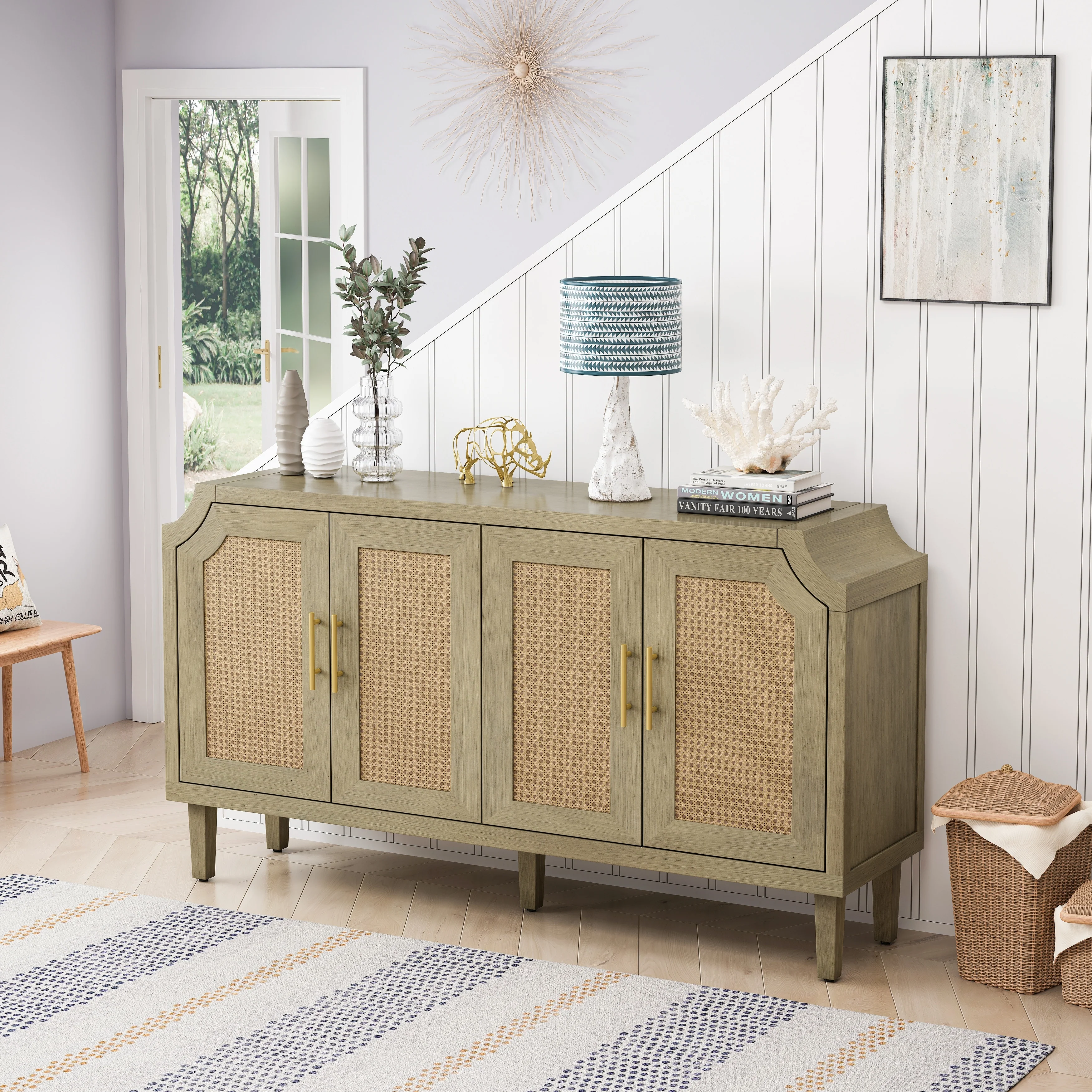 Modern 4-Door Cabinet with Rattan Decorative Doors and Adjustable Shelf for Bedroom, Living Room, Office