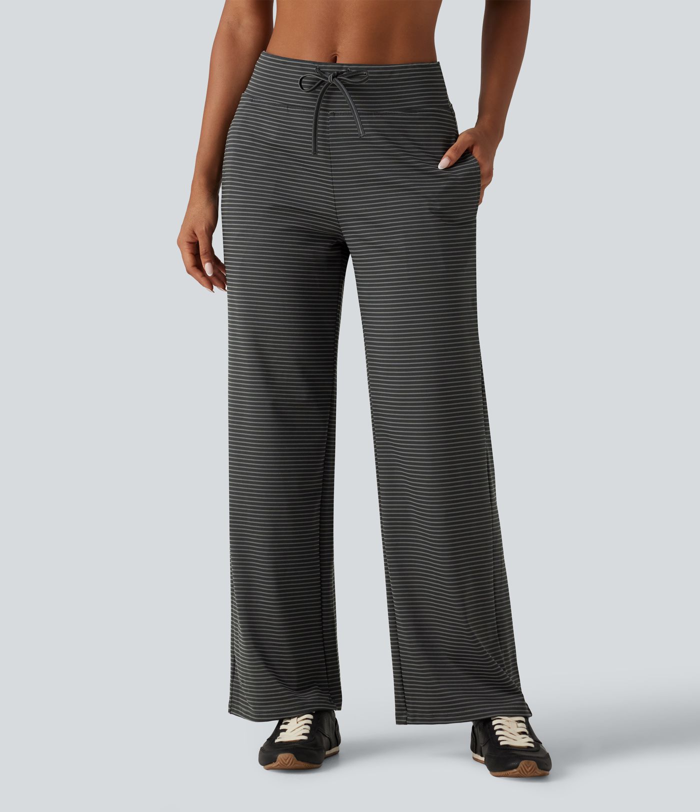 Pantalon de yoga droit taille mi-haute rayé avec poches