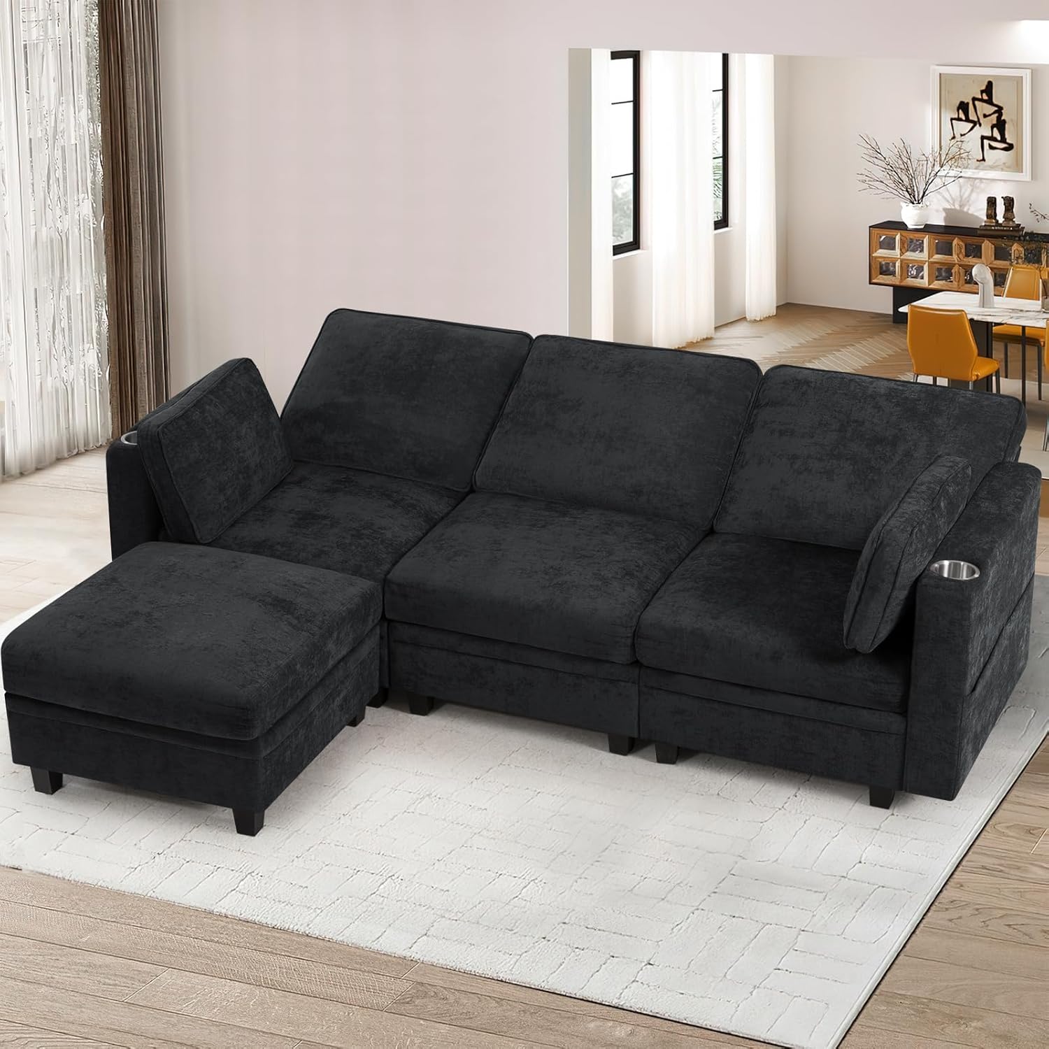 86 Inches Chenille 3-Seat Sofa w/Adjustable Backrests, Sectional Sofa w/Cup Holders & Movable Storage Ottoman, Upholstery Fabric Couch w/USB & Type-C Charging Ports for Living Room, Black