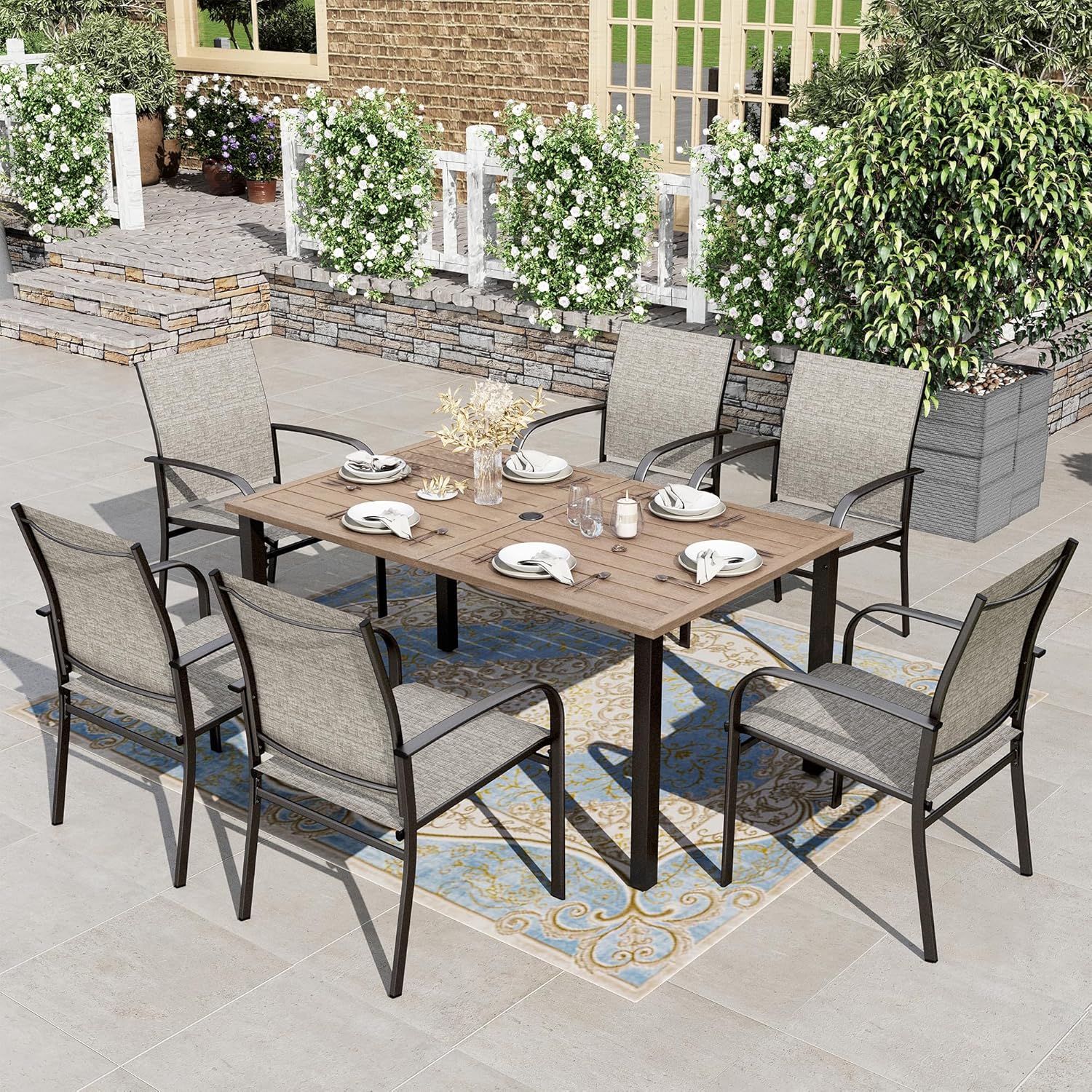 HERA'S HOUSE Outdoor Dining Table for 6, Rectangular Metal Patio Table with Umbrella Hole, 6-Person Weather Resistant Wood-Like Steel Slat Table for Lawn Garden Backyard, L60 xW36 xH29