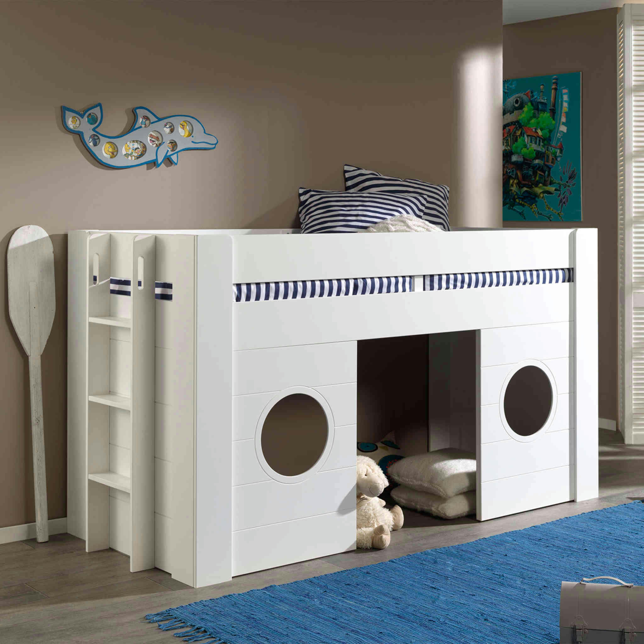 - Lit mezzanine enfant cabine en bois blanc 90x200